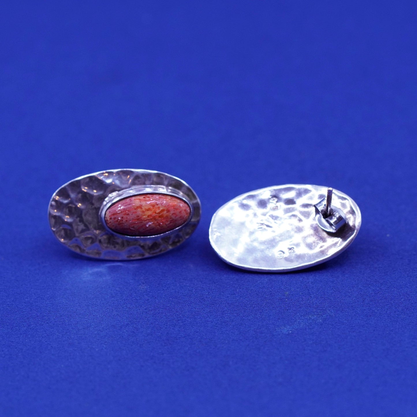 Native American Sterling silver earrings, 925 oval hammered studs with coral