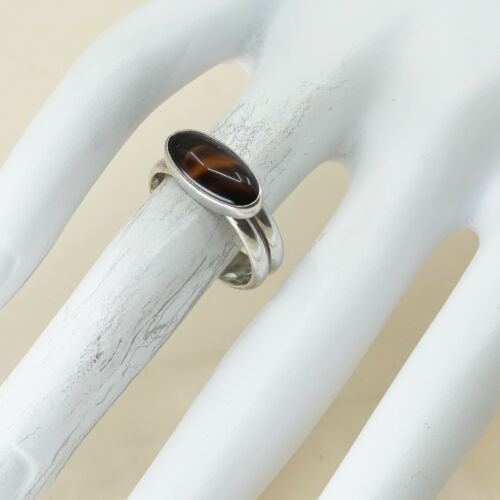 Sz 7, Orangle Amber Oval Cabochon Sterling Silver Solitaire Ring, Stamped 925