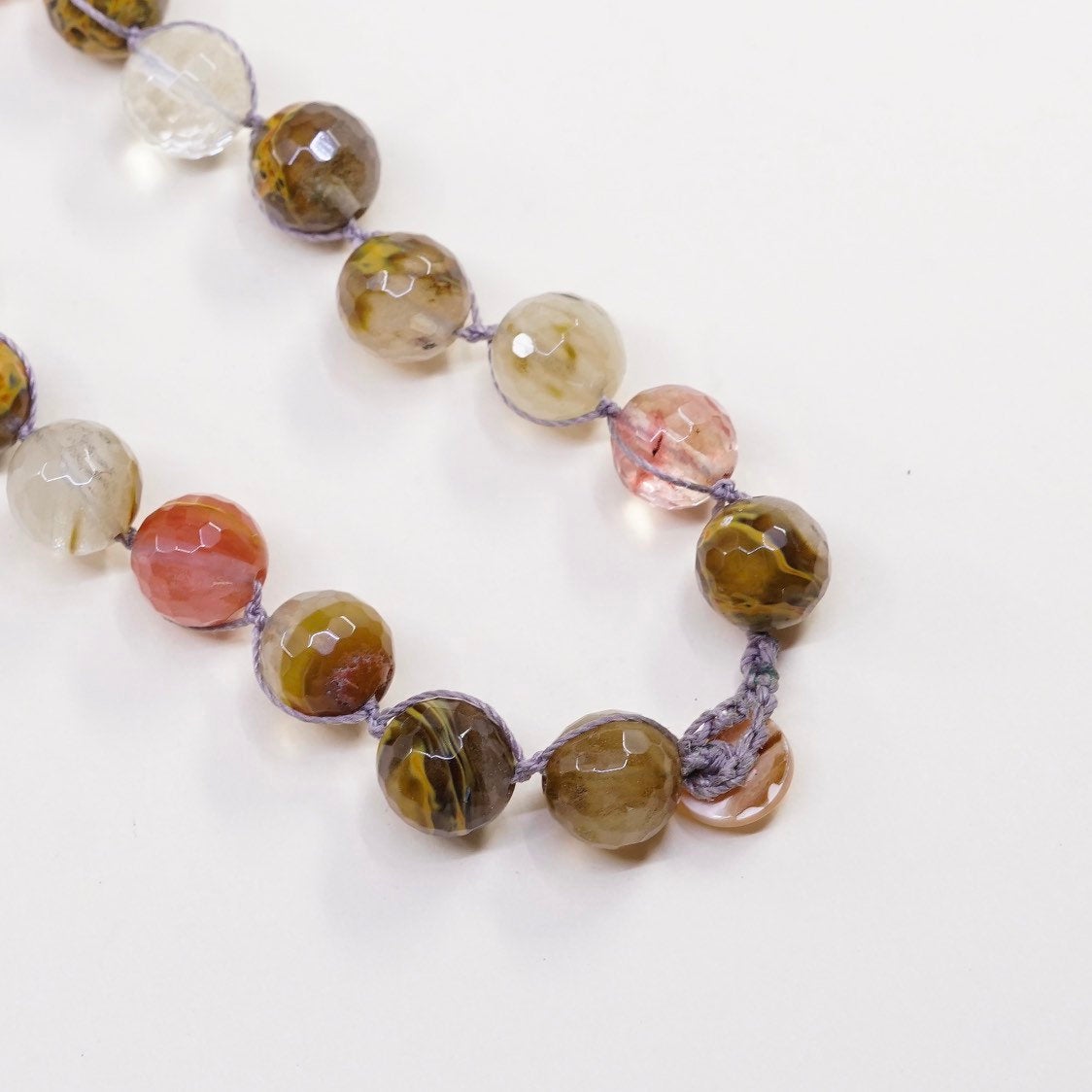 18”, vtg handmade Checker Cut agate quartz beads with linen thread necklace