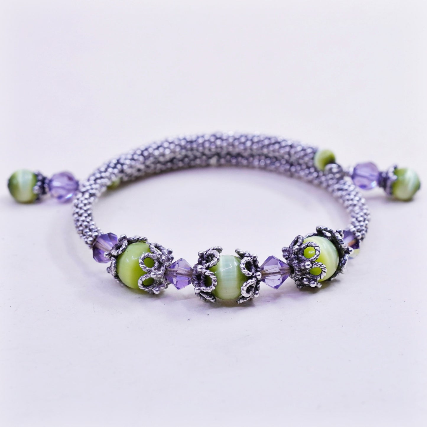 7.75”, sterling silver contemporary handmade bracelet, 925 wrap cuff cats eye