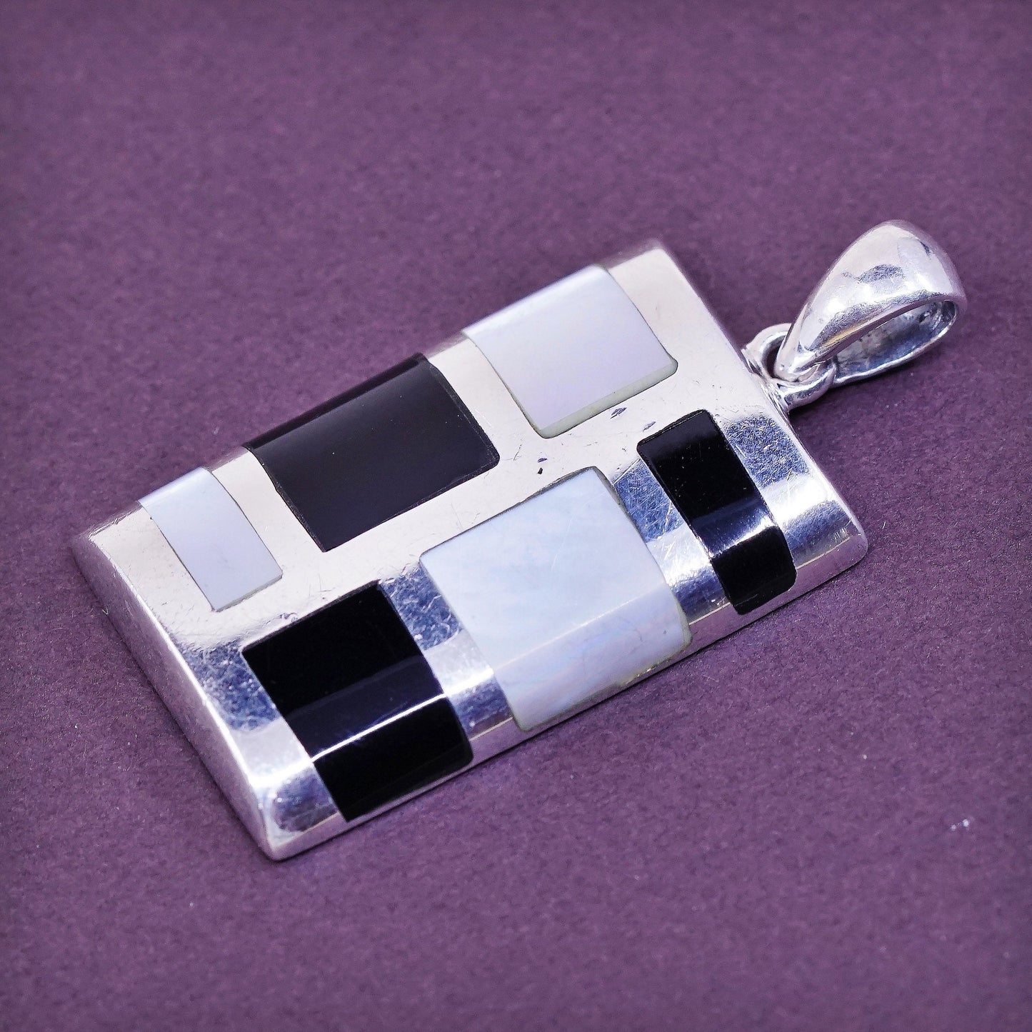 vtg Sterling 925 silver Jazz pendant w/ obsidian N mother of pearl