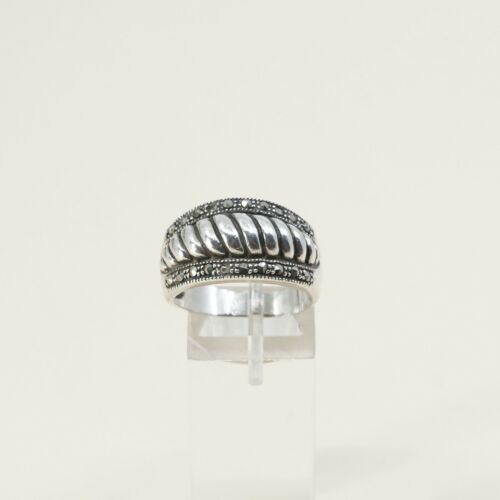Size 7, Vtg Sterling Silver Handmade Ribbed Ring, 925 Silver Band W/ Marcasite