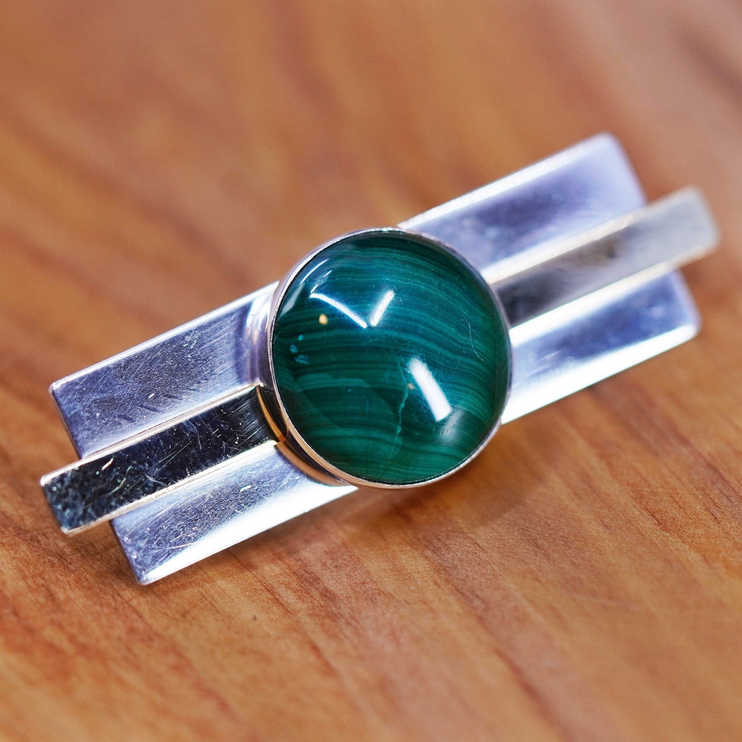 Vintage PJP two tone sterling silver handmade brooch, modern 925 pin malachite