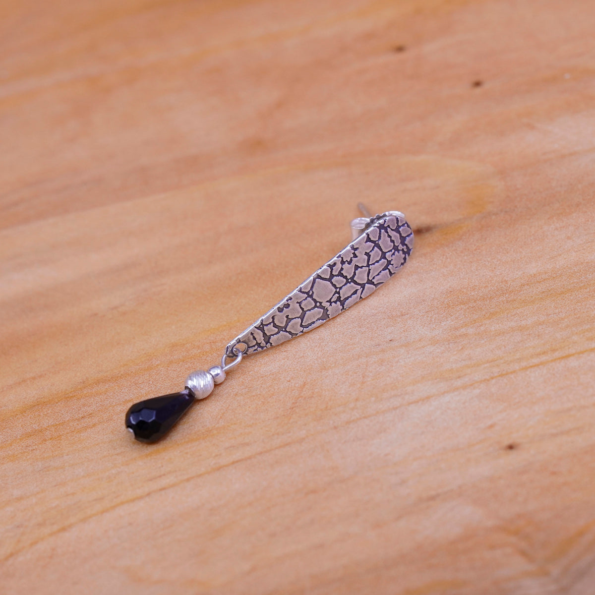sterling 925 silver handmade textured earrings, with teardrop obsidian beads