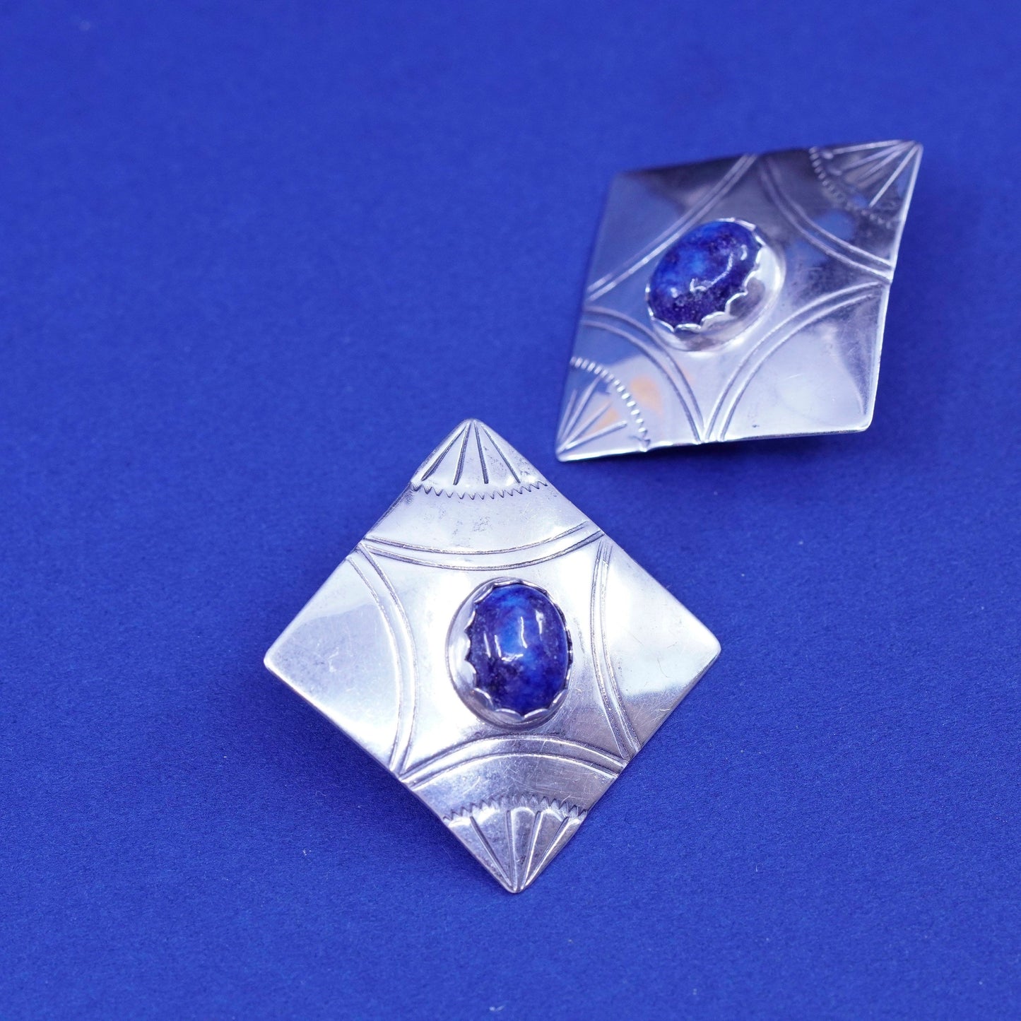 Vintage sterling silver handmade earrings, 925 square studs with lapis lazuli