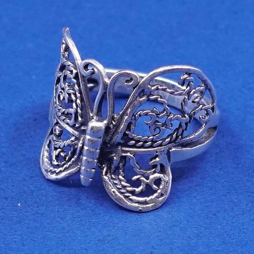 Size 5.75, vtg sterling silver handmade ring, 925 filigree butterfly band