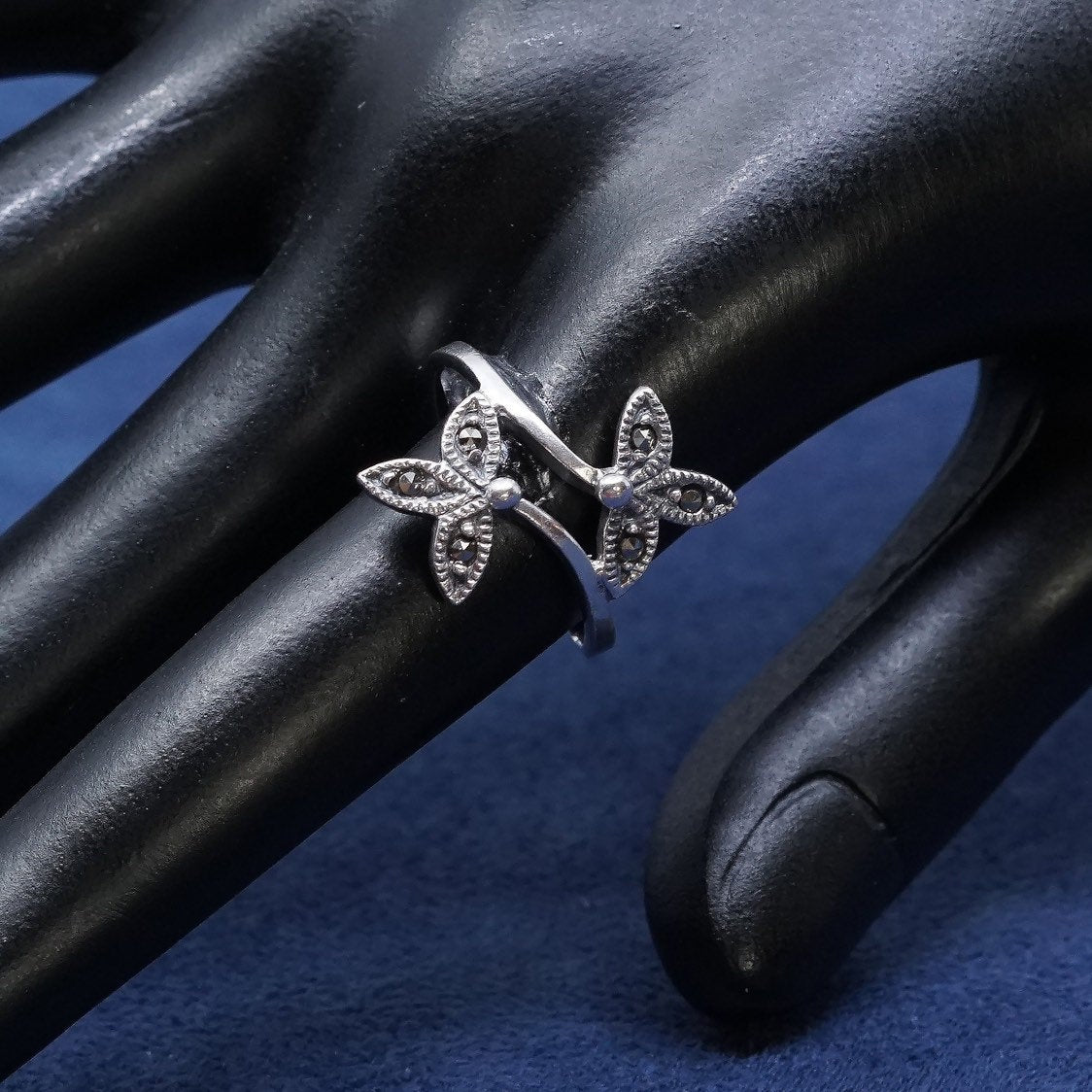 sz 6.75, vtg Sterling silver handmade star ring, 925 band w/ leaves N marcasite