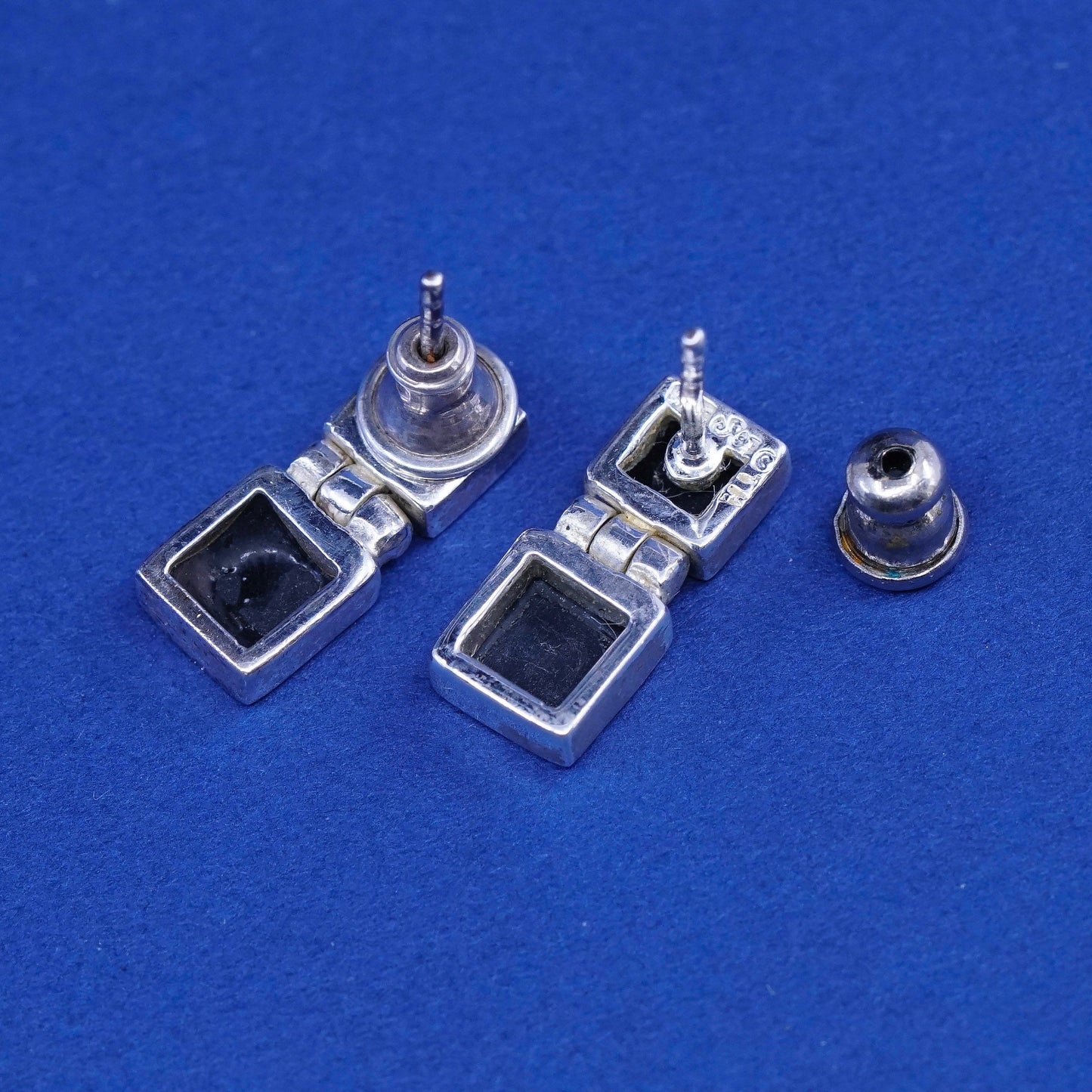 Vintage Sterling silver handmade Square earrings with obsidian