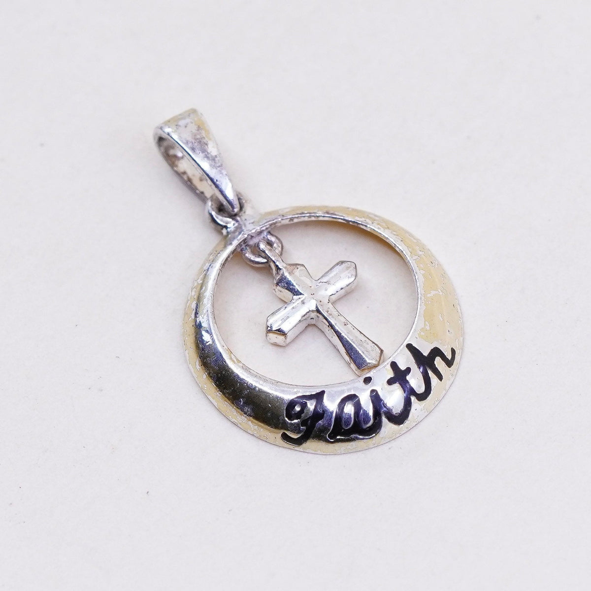 Vintage handmade Sterling silver pendant, 925 circle with cross and “faith”