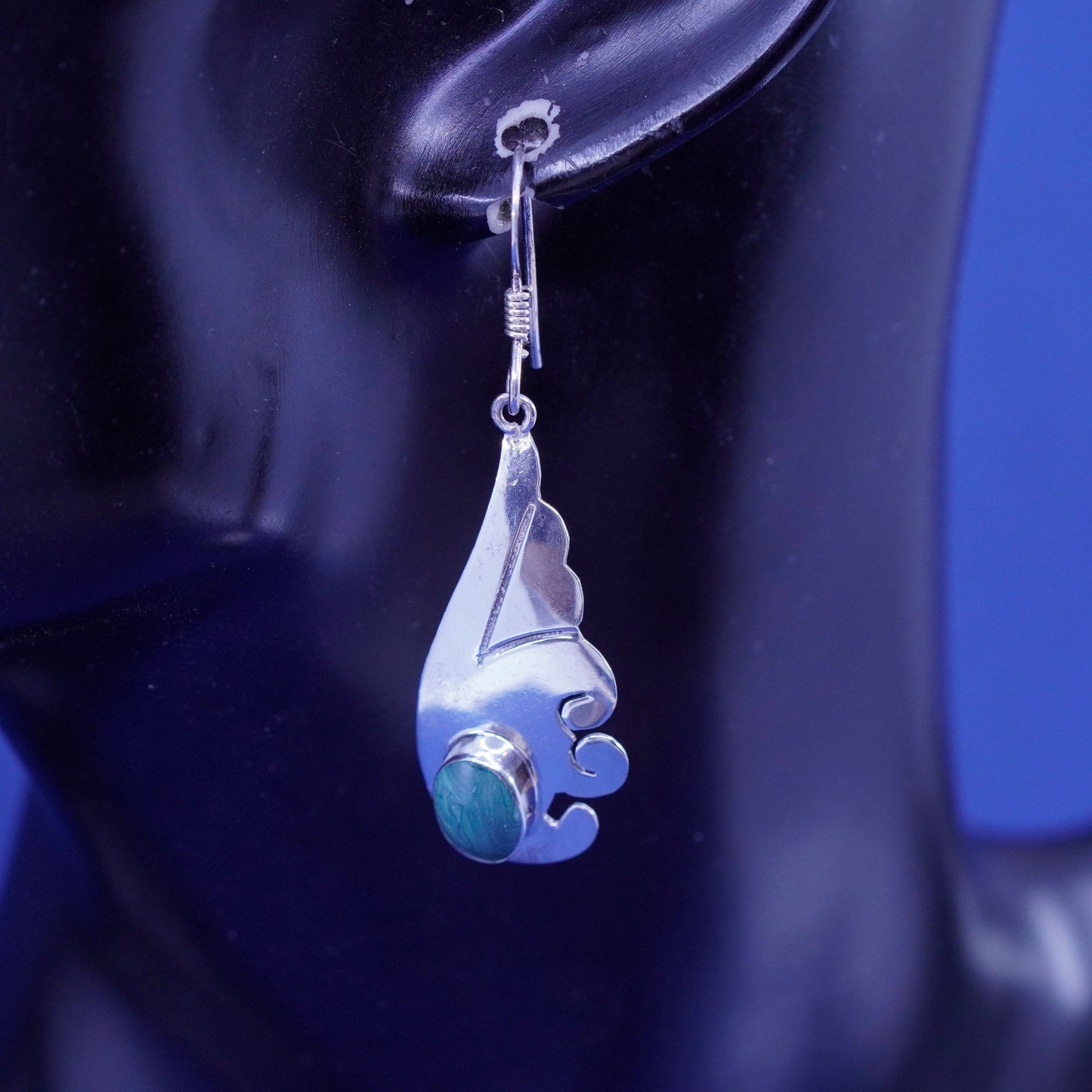 vtg mexico sterling silver handmade earrings, 925 wings dangles oval malachite