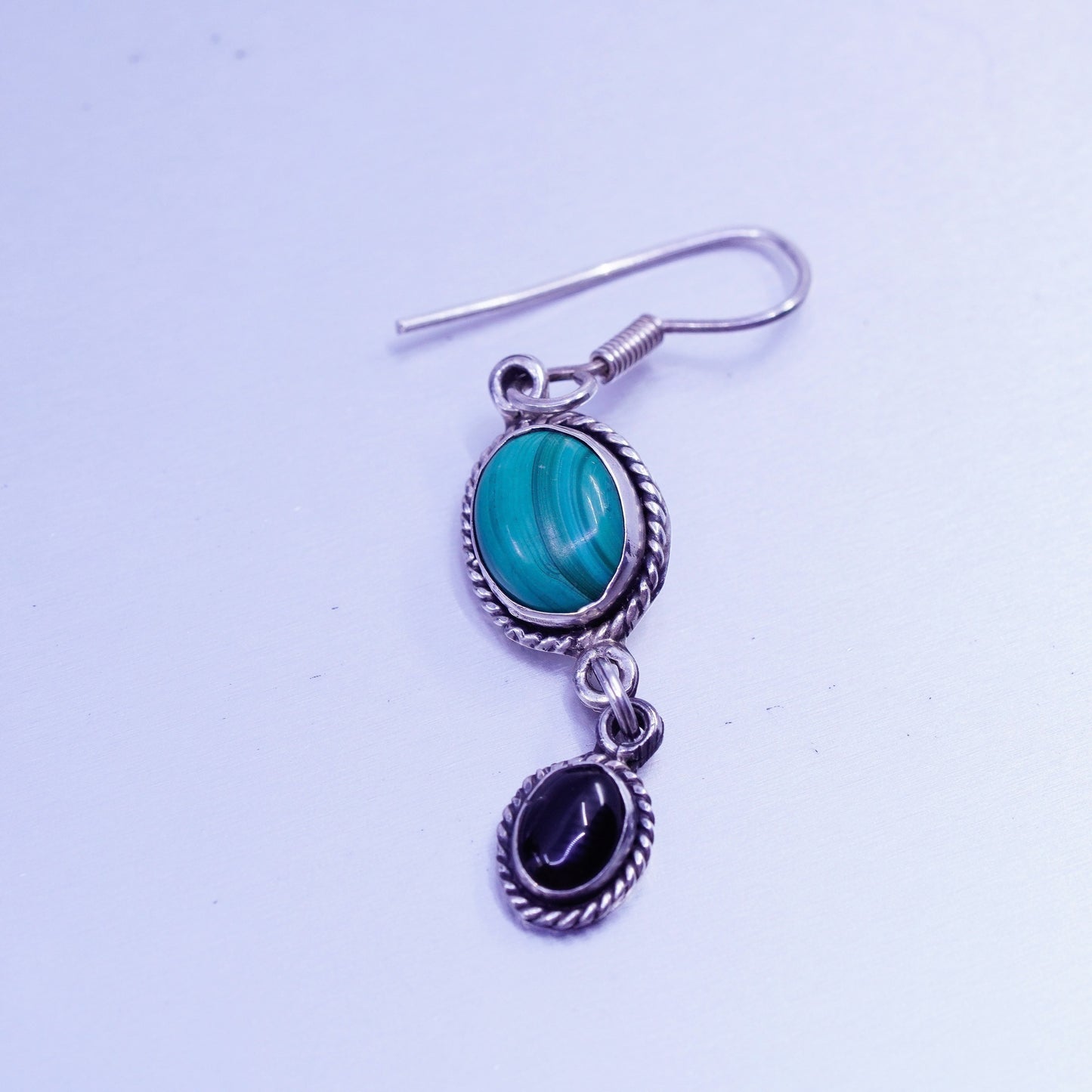 Vintage Sterling 925 silver oval earrings with malachite and obsidian