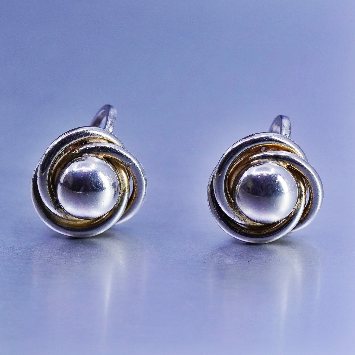 modern Sterling 925 silver handmade earrings, screw back bead with entwined