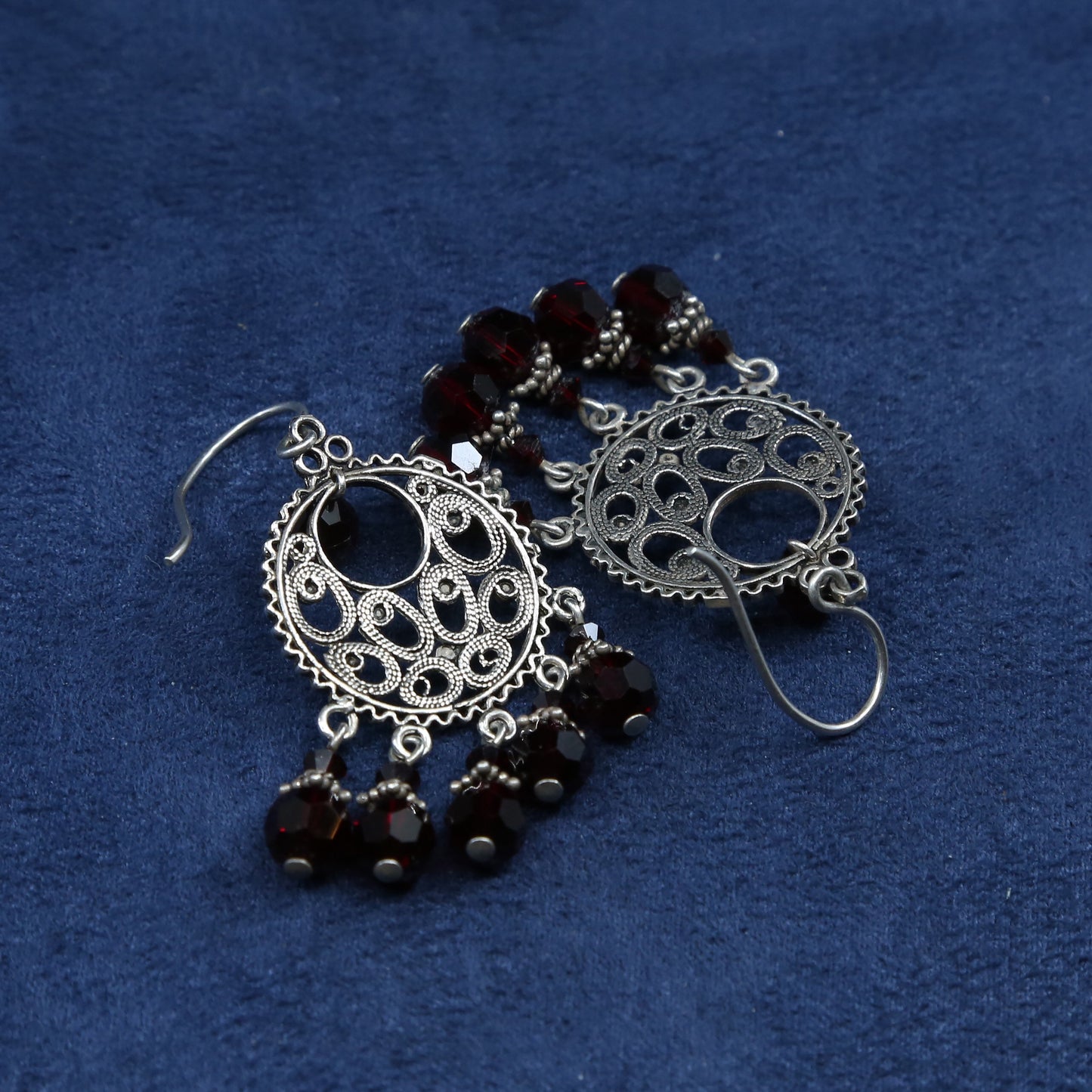 vtg Sterling silver handmade earrings, 925 filigree disk w/ Ruby cluster beads