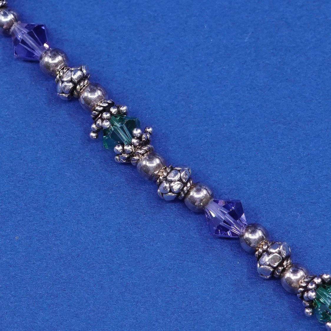 6.75", vtg sterling silver bracelet 925 beads w/ crystal N prayer locket charms