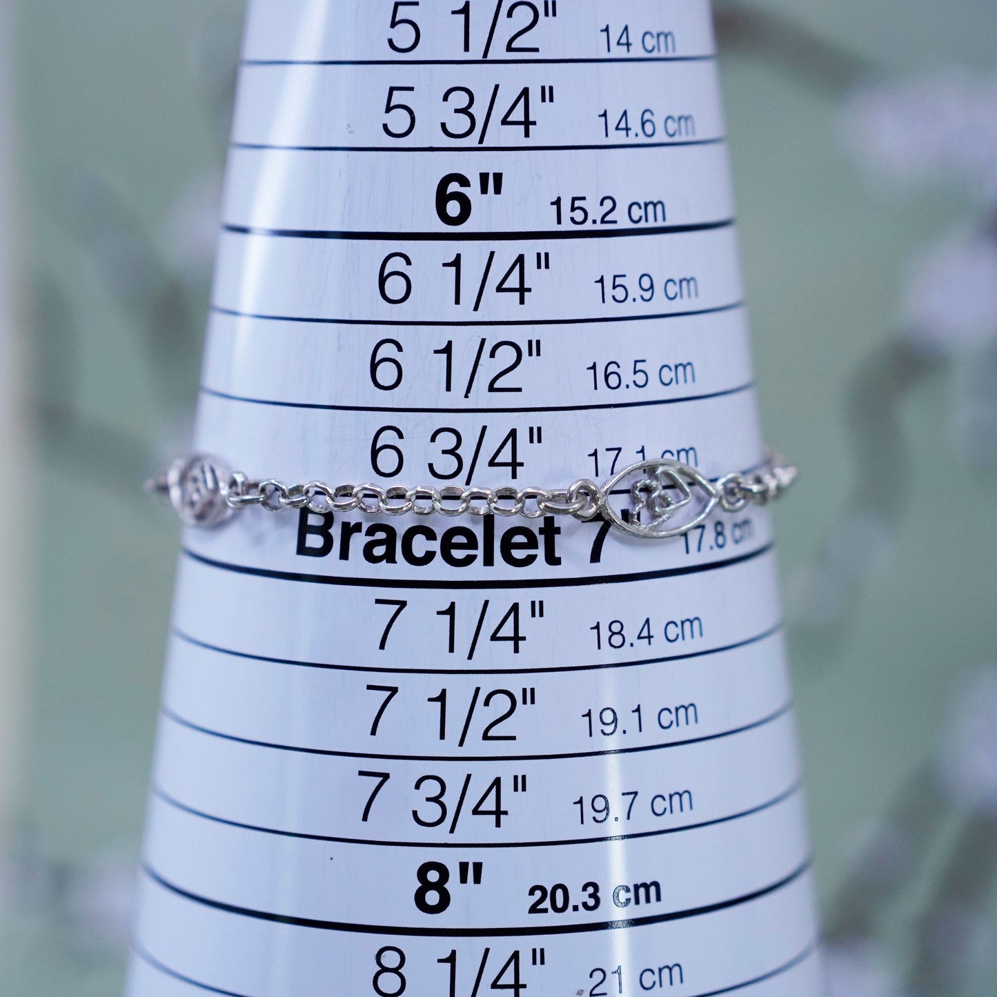 7”, 2mm, Vintage sterling 925 silver circle link charm bracelet