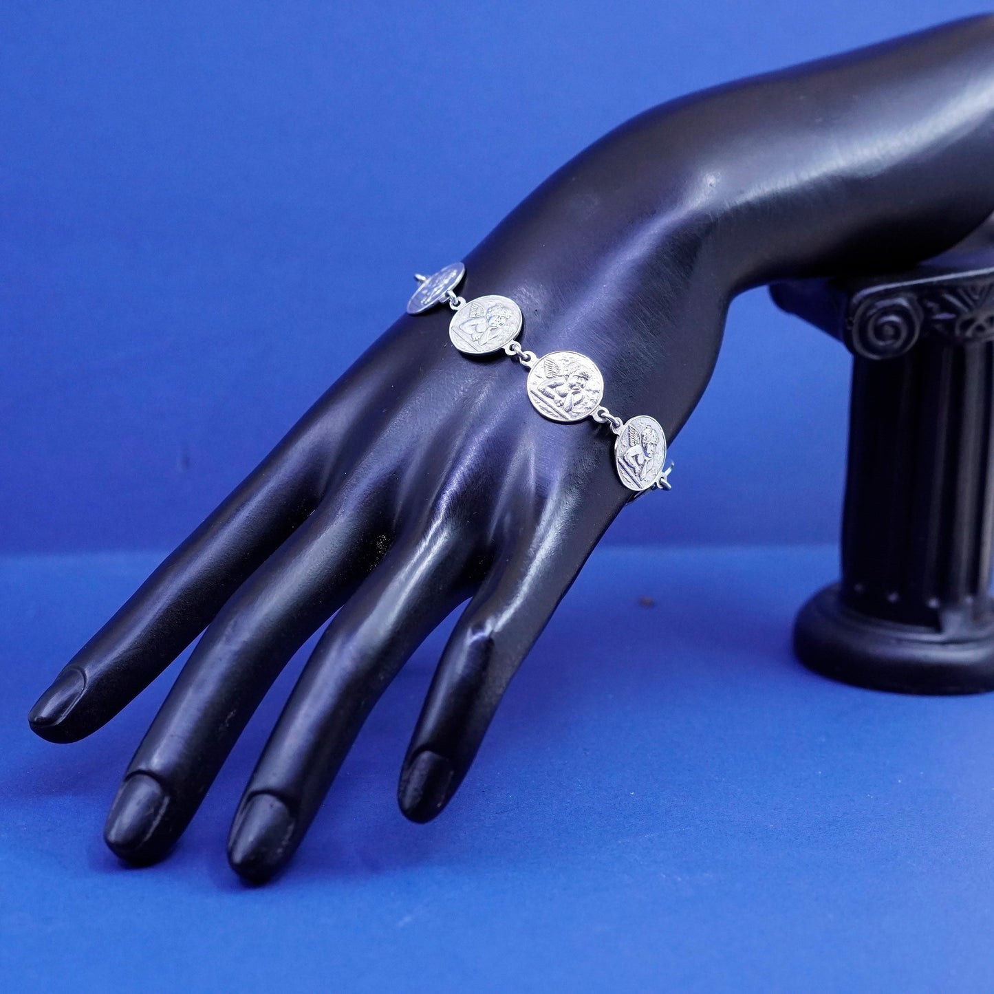 7”, Sterling 925 Silver Modernist Bracelet, modernist disc with Angel relief