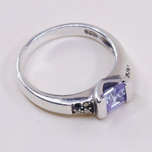 Sz 7, Vtg Sterling Silver Handmade Ring, 925 w/ Amethyst n marcasite inlay