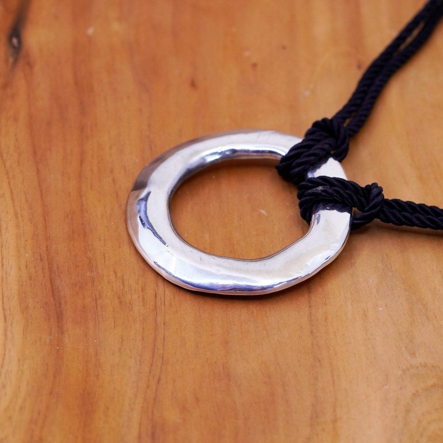16”, vtg Sterling 925 silver circle pendant with black silk rope chain necklace