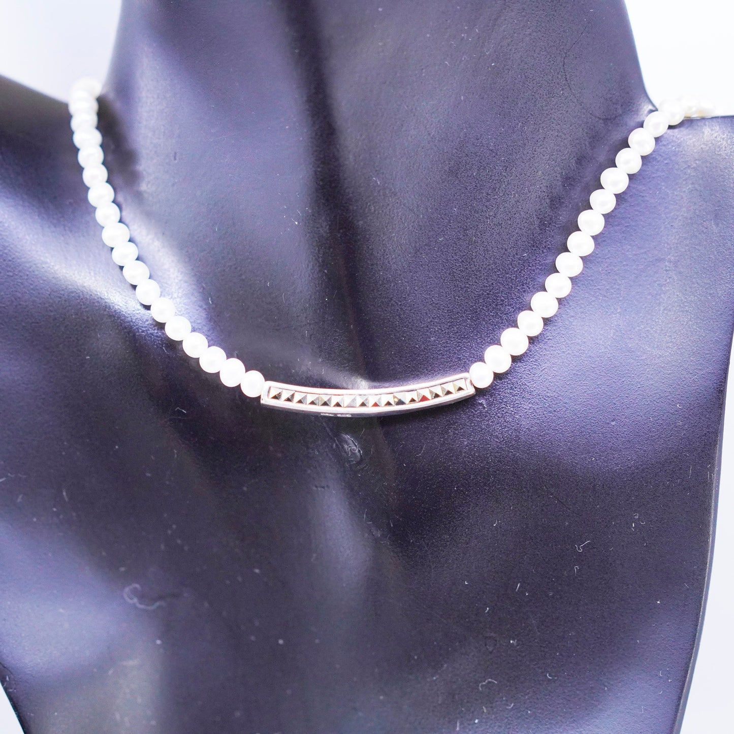 14+2”, Sterling 925 silver handmade pearl tennis necklace Marcasite bar pendant