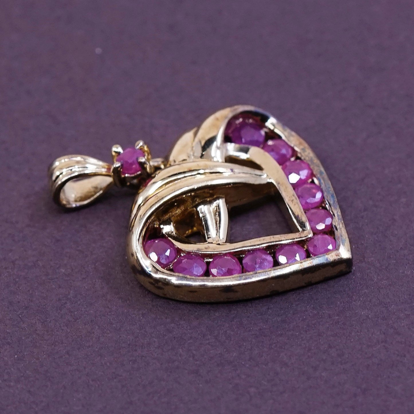 vtg sterling silver handmade pendant, vermeil gold over 925 heart w/ ruby