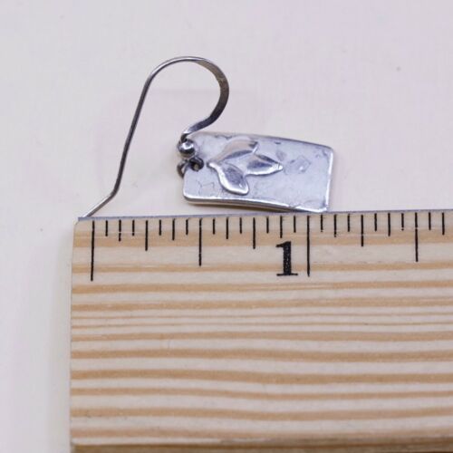Vtg 925 Sterling Silver Handmade Tag Earrings W/ Leaves Embossed, Silver Tested