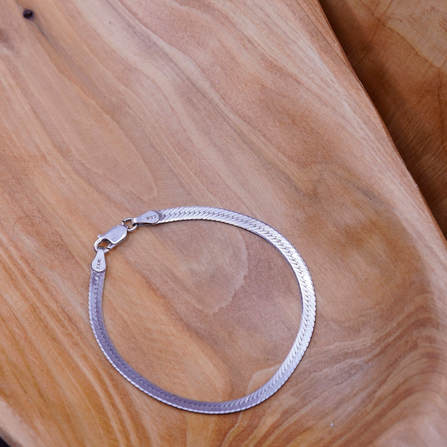 7.25”, Vintage Sterling silver textured herringbone bracelet, Italy 925 chain