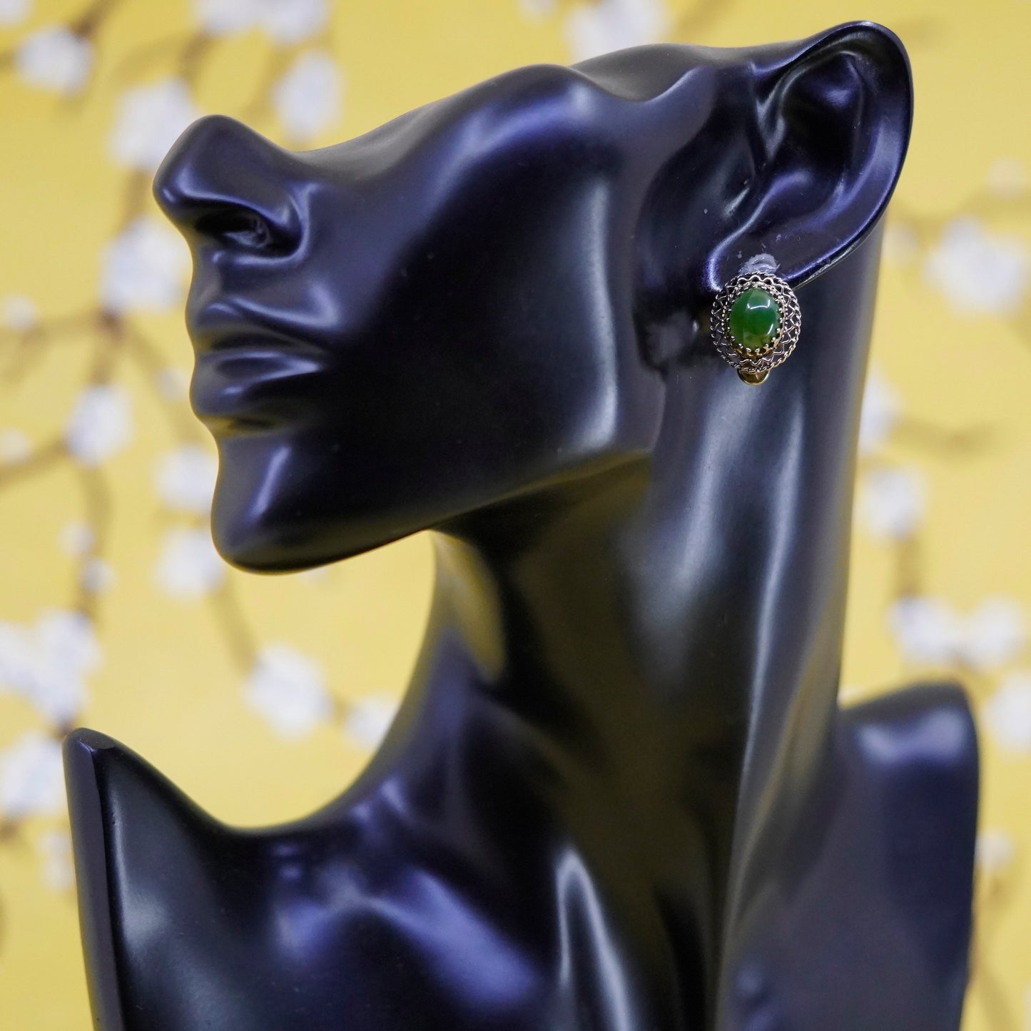 vermeil gold Sterling silver handmade screw back earrings, 925 filigree jade