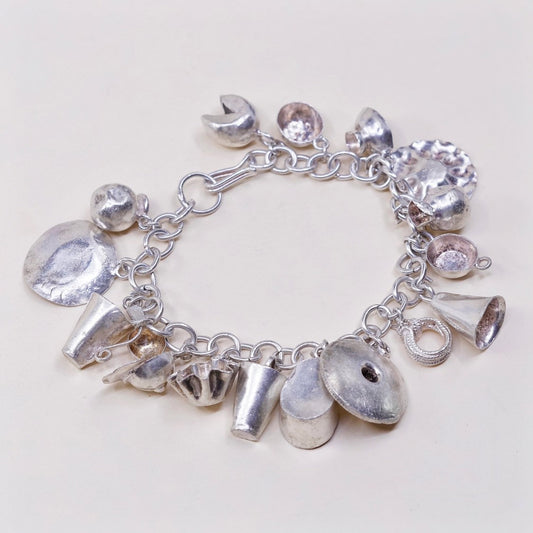 6.75”, sterling silver Handmade circle bracelet w/ cheese pot hat cup sombrero