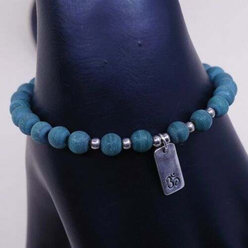 6.5”, Vtg Handmade Malachite Beads Bracelet W/ Elastic Band N 925 Om Aum Tag
