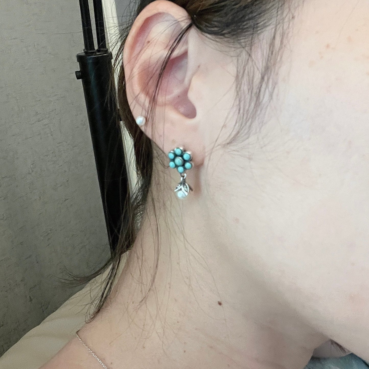 Native American Sterling 925 Silver Handmade flower earrings turquoise pearl cz