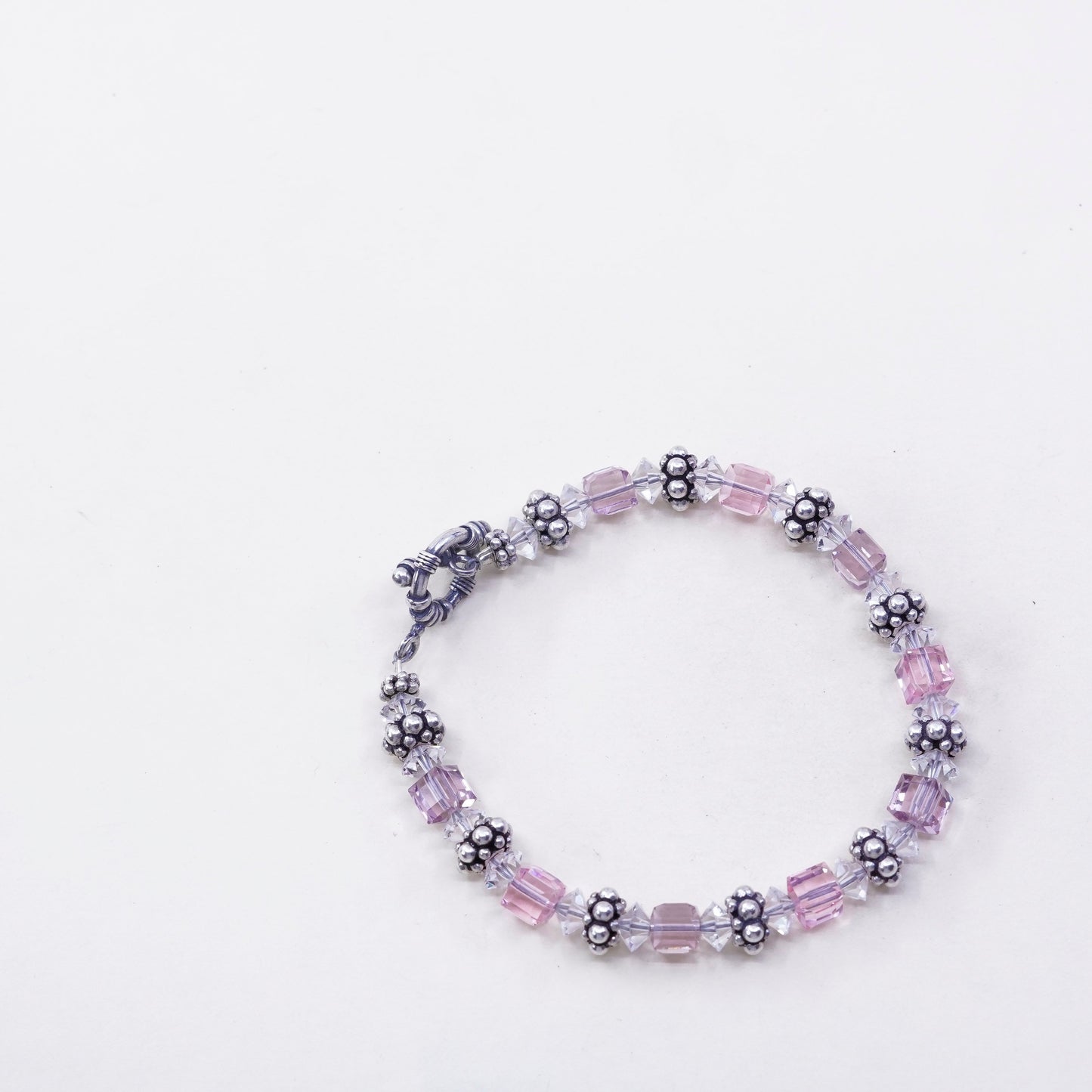 7”, Vintage Sterling silver handmade bracelet, 925 beads with pink crystal
