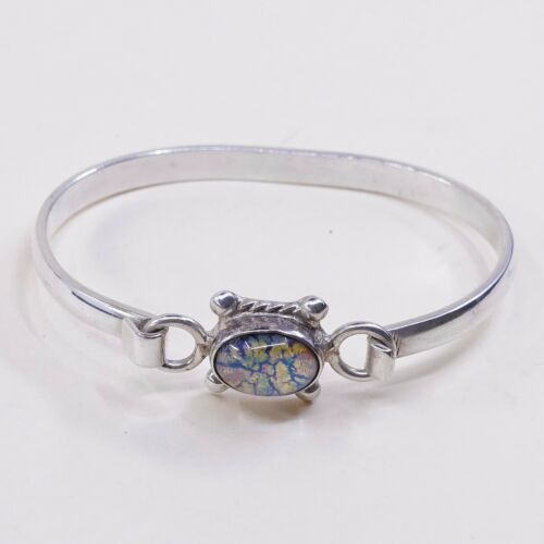6.75”, Mexico Sterling 925 Silver Handmade Hinged Bangle W/ Foiled Glass Latch