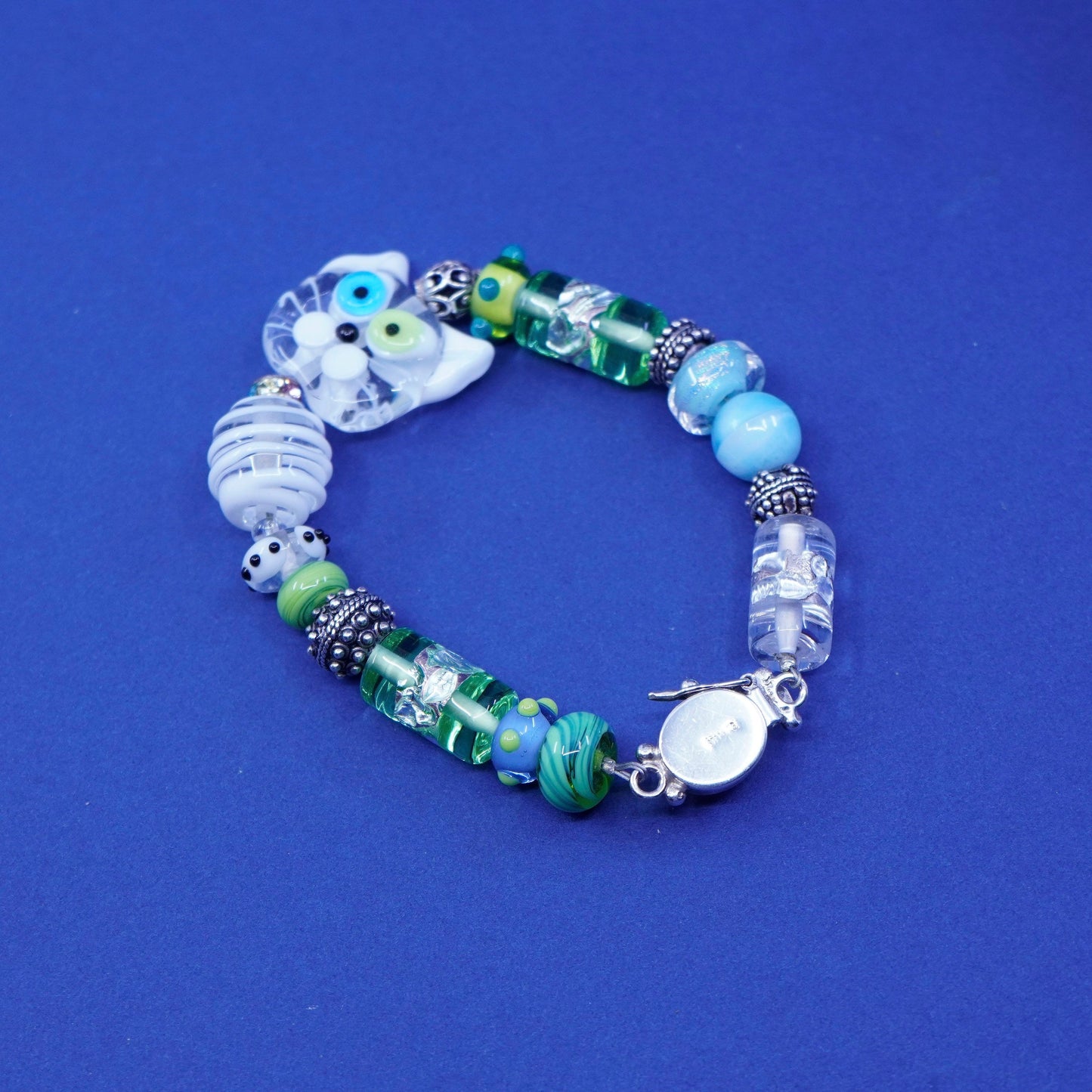 6.25”, Sterling 925 Silver handmade Lampwork Art Glass cat Toggle Bracelet