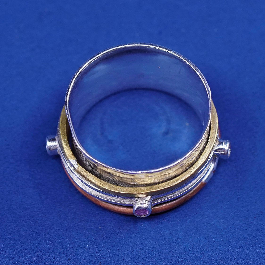 sz 8, vtg triple Tone sterling silver hammered band, 925 spinner ring
