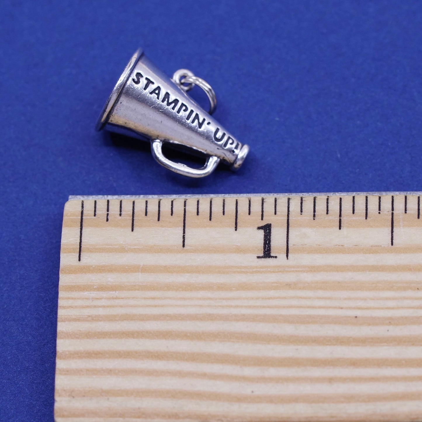 vtg sterling silver handmade pendant, 925 trumpet charm embossed “stampin up