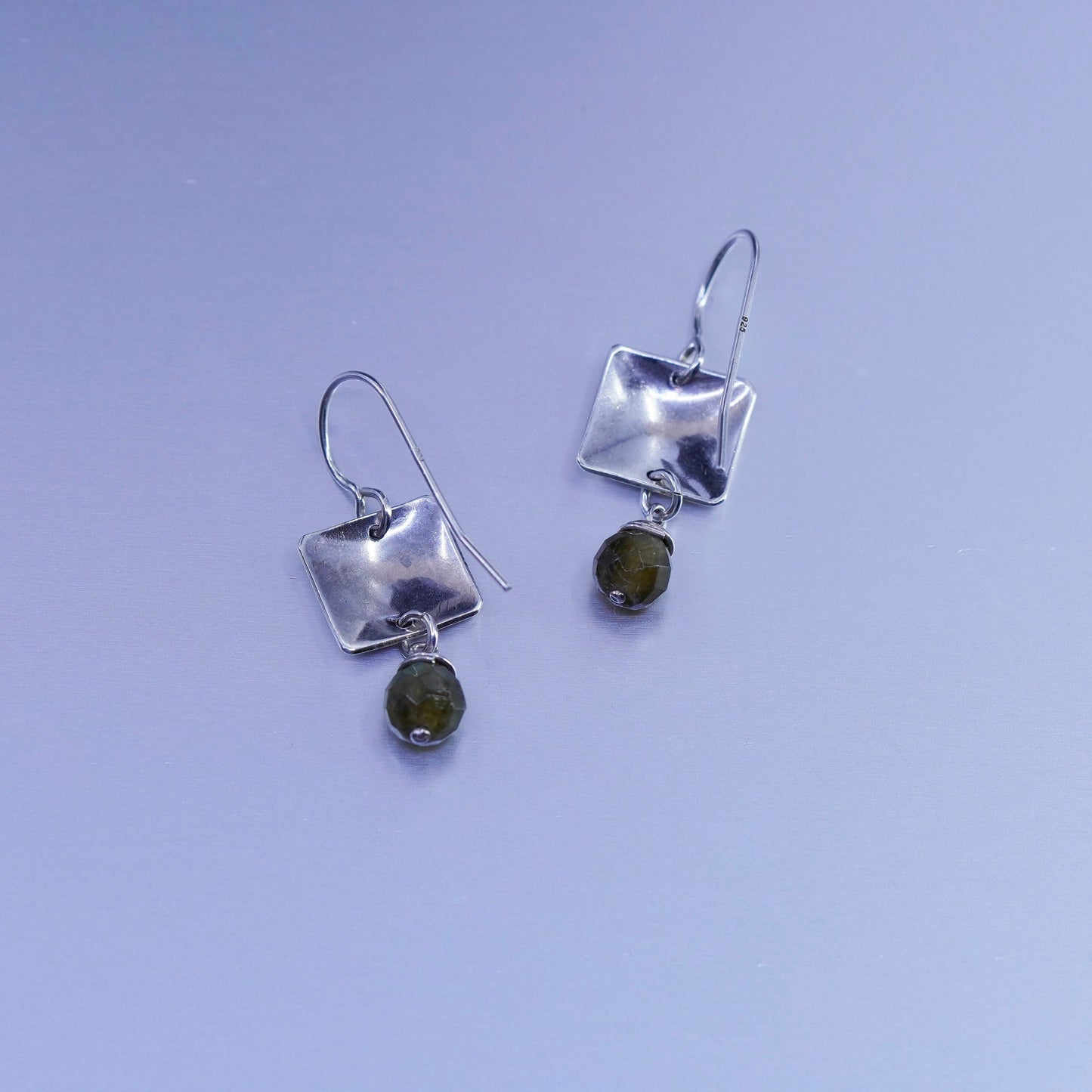 Vintage Sterling 925 silver handmade square textured earrings with smoky topaz