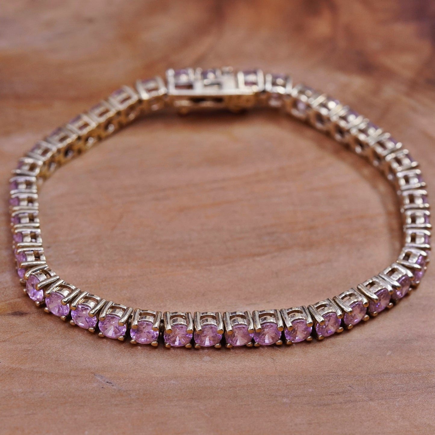 6.75”, vermeil gold Sterling 925 silver tennis bracelet, chain pink crystal