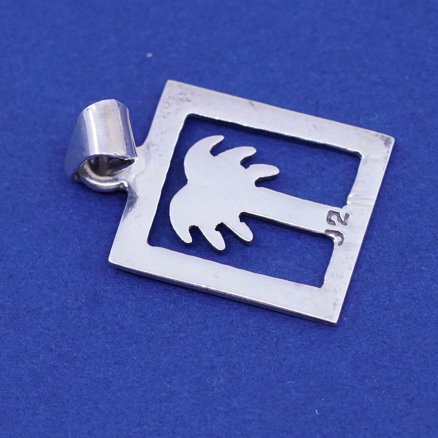 Vintage sterling silver handmade pendant, 925 square with palm tree