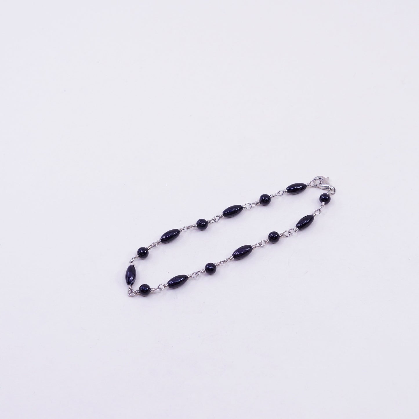 7.25”, Vintage Sterling 925 silver bracelet with obsidian link chain
