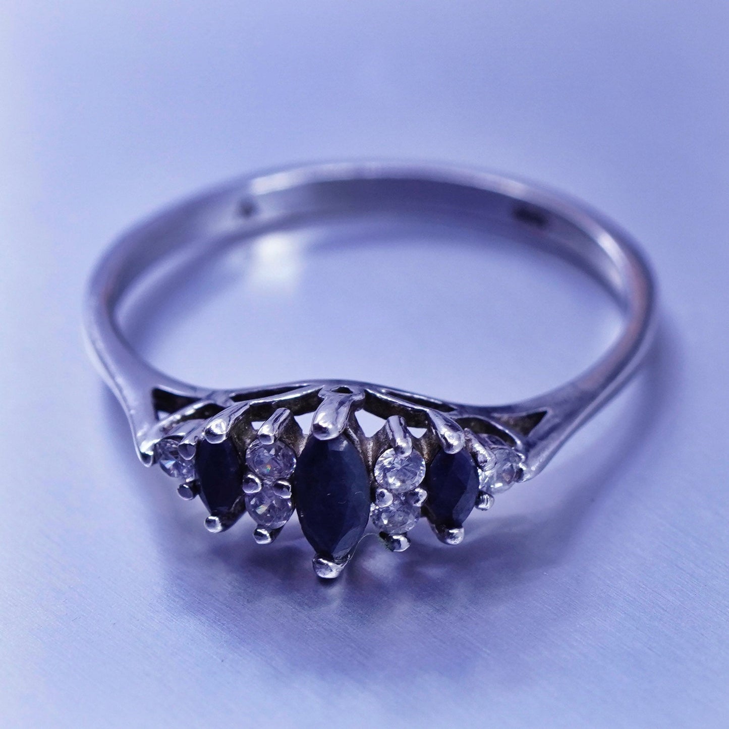 Size 11.25, vintage Sterling 925 silver handmade ring with sapphire and cz