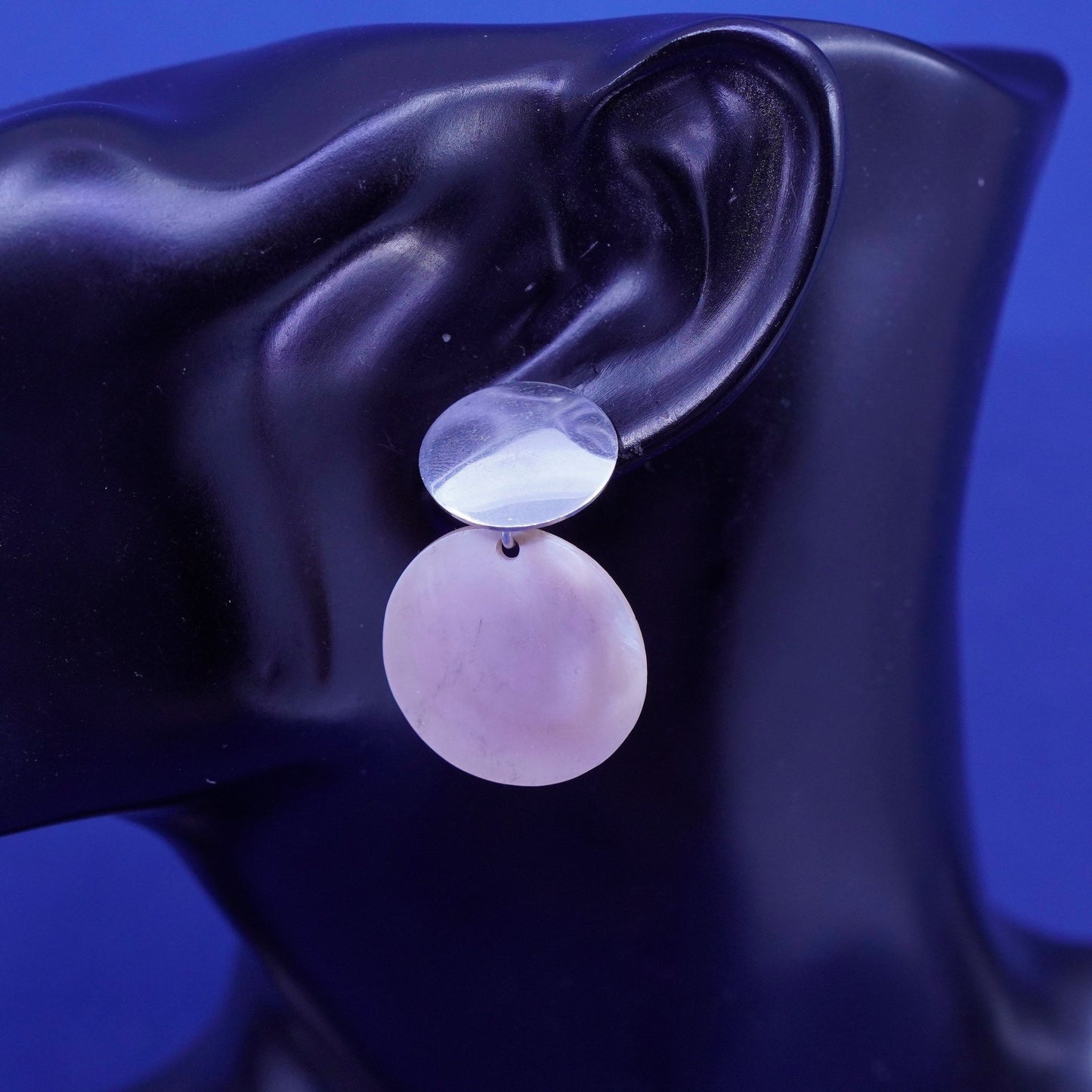 sterling silver handmade earrings, 925 round studs with mother of pearl discs