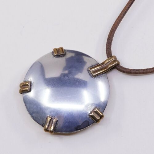 18”, Vtg USA Sterling 925 Silver Brass Disc Pendant W/ BROWN Leather Necklace