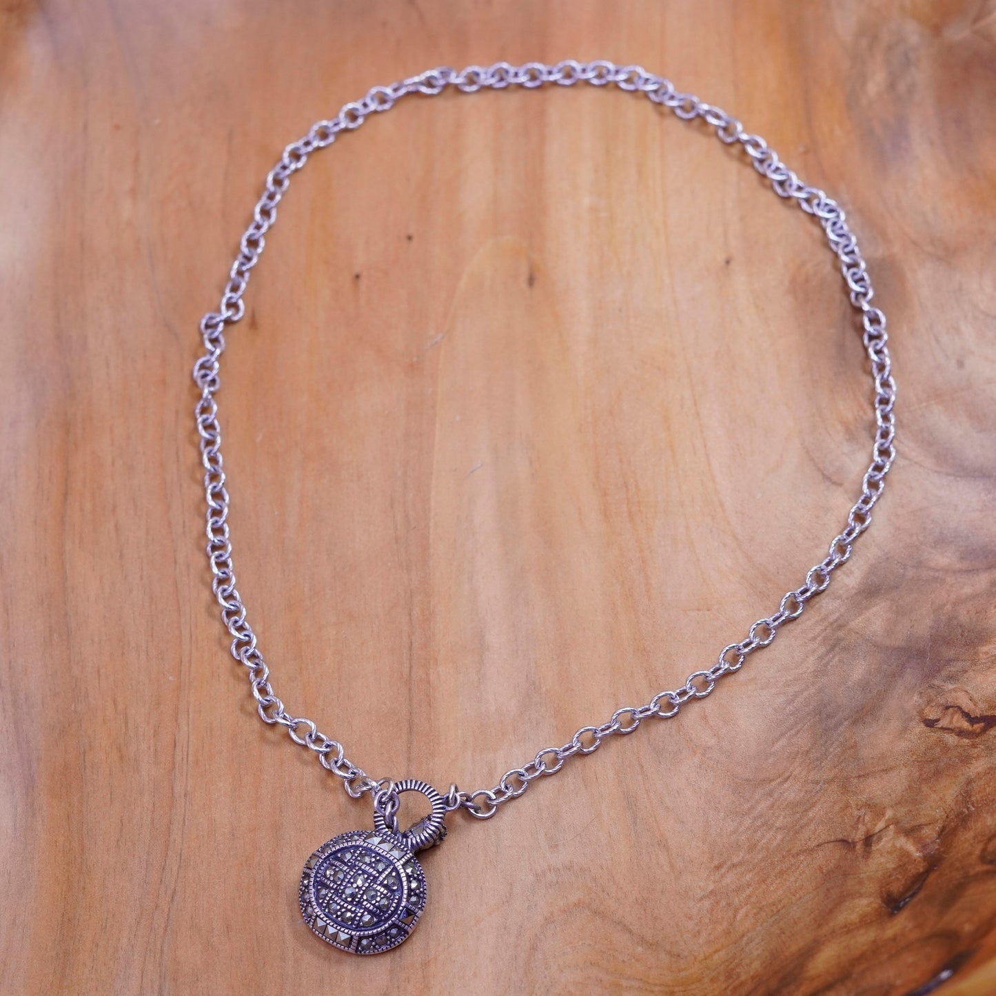 18”, Judith Jack Sterling silver necklace, 925 circle chain pendant marcasite