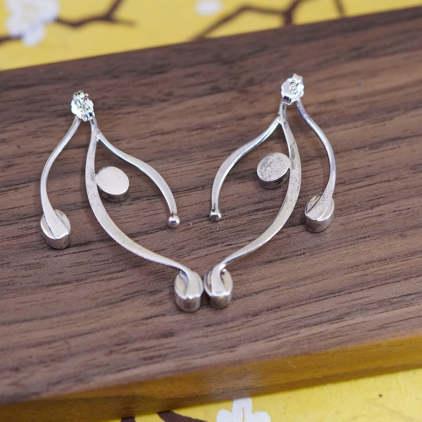 Vintage sterling silver handmade earrings, 925 wavy studs with obsidian