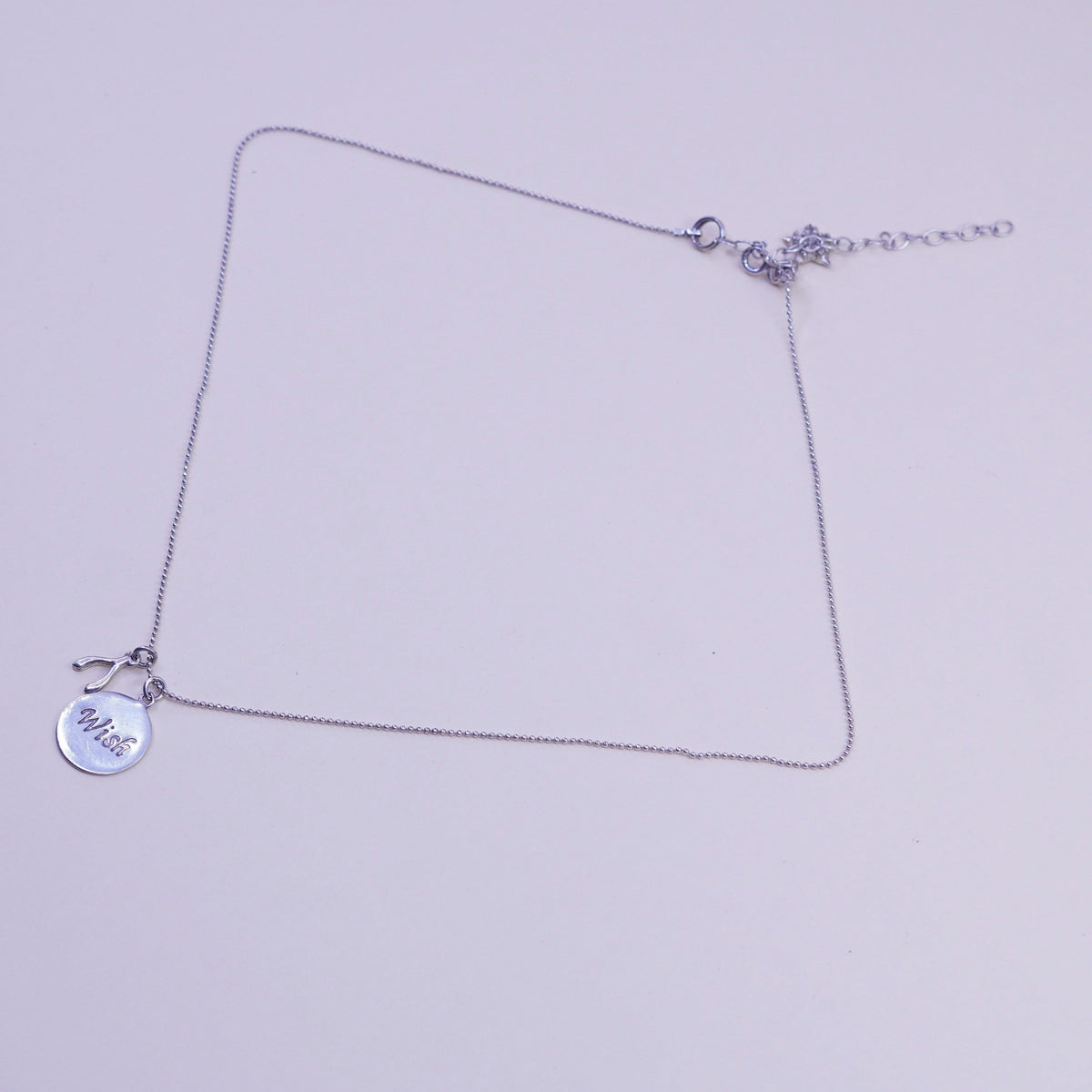 16+3”, sterling 925 silver bead chain necklace wish tag, wish bone star charms