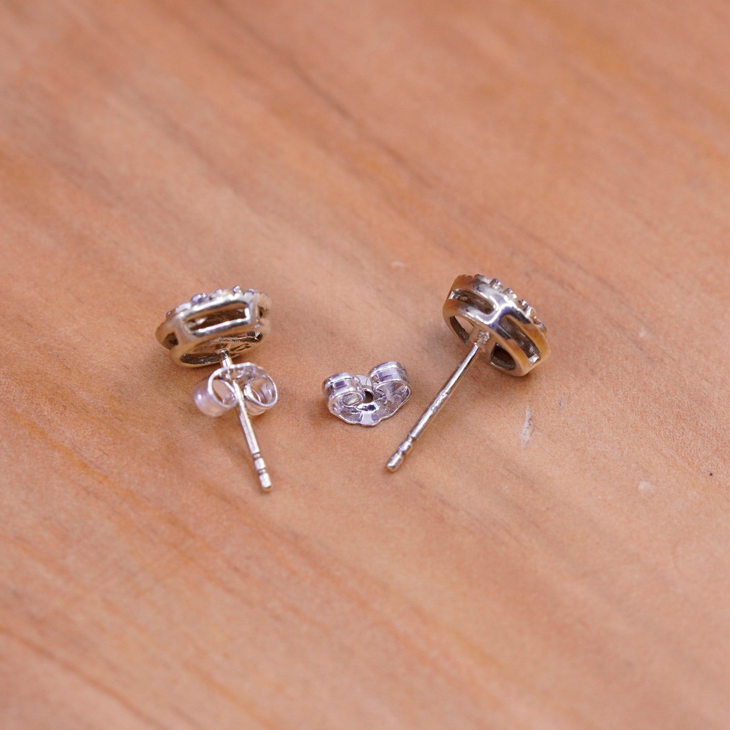 Vintage vermeil gold over Sterling silver earrings studs with genuine diamond