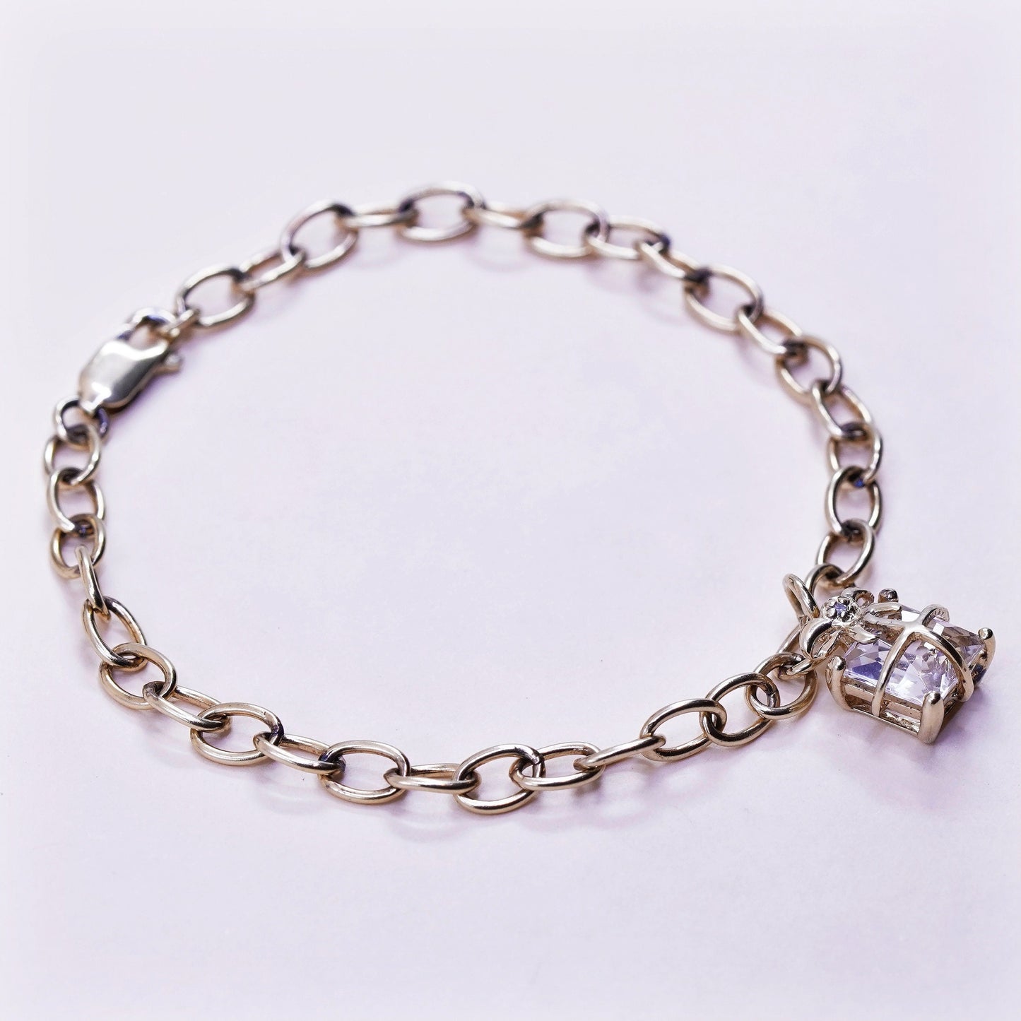7.5”, vtg Vermeil gold over Sterling silver circle chain bracelet box charm cz