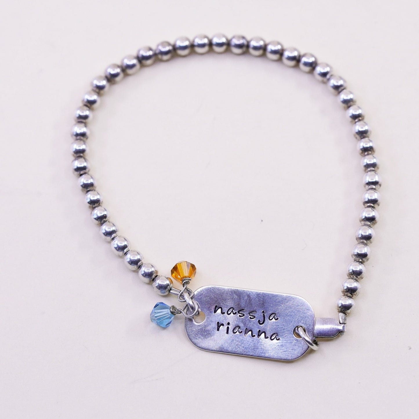 7.5” Sterling silver handmade bracelet, 925 bead chain name tag “nassja rianna”