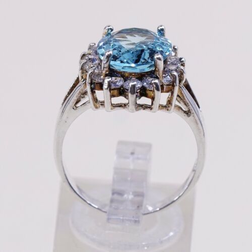 Sz 8.25, Vtg Sterling Silver Cocktail Ring, 925 W Blue topaz N Cz Around