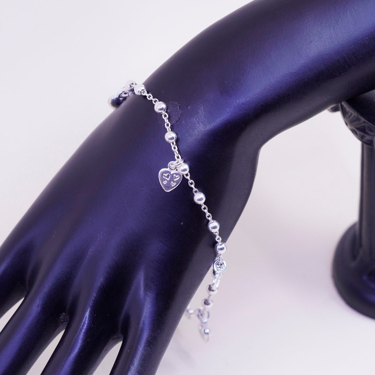 9.75”, sterling silver handmade anklet bracelet, 925 circle chain heart charms